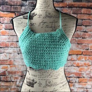 Hand crocheted mint green tie in back halter top
